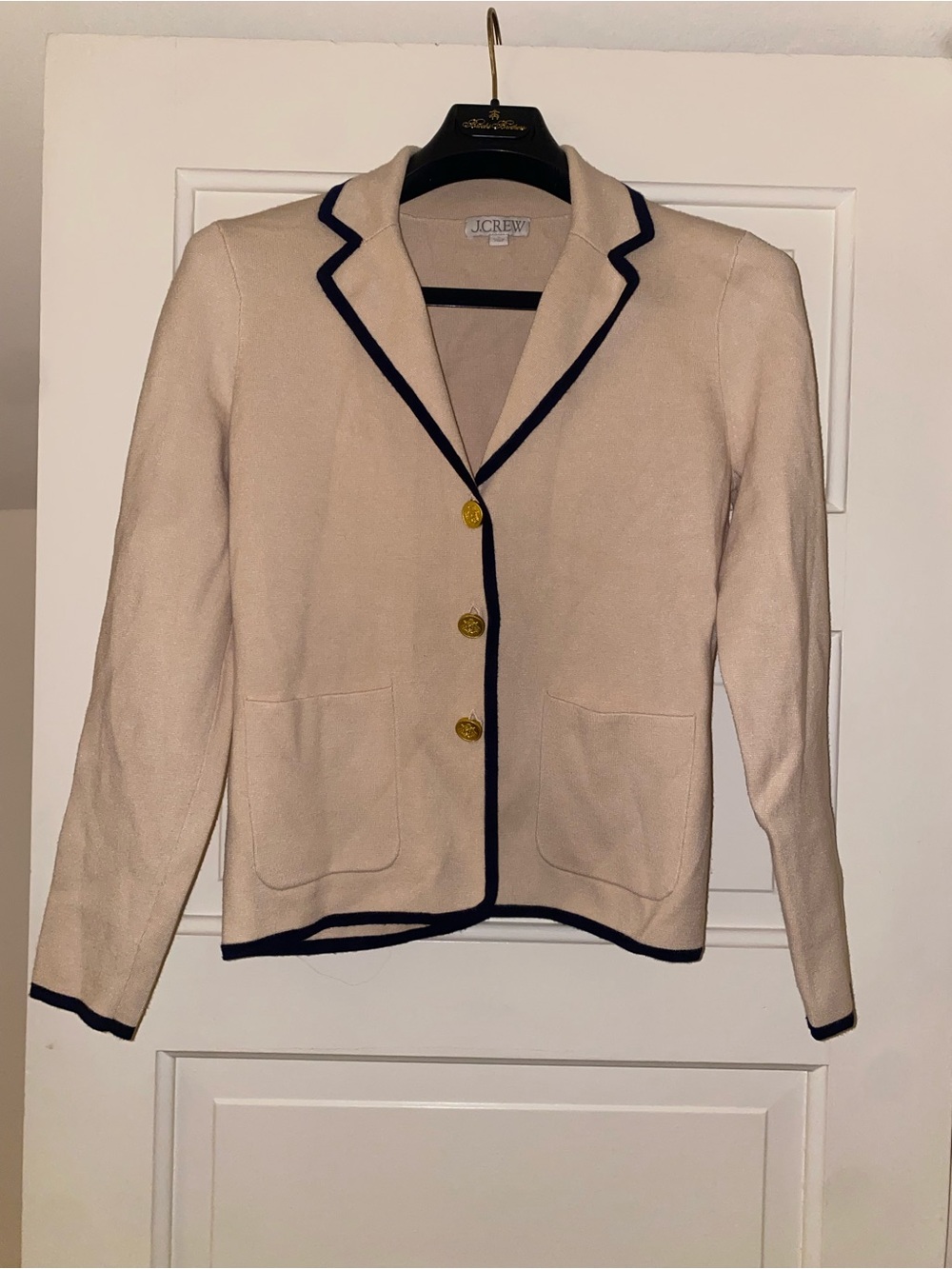 J. Crew S Cream Knit Blazer with Navy Trim
